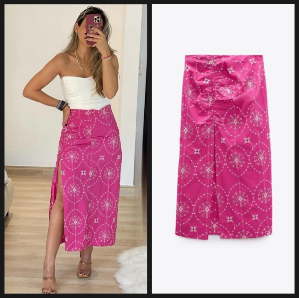 ZARA EMBROIDERED EYELET RUCHED SKIRT PINK